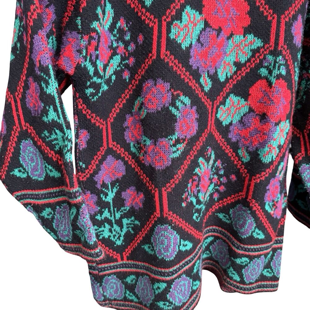 Vintage 80s Headliners pink green floral henley sweatshirt Med black USA - Picture 2 of 10